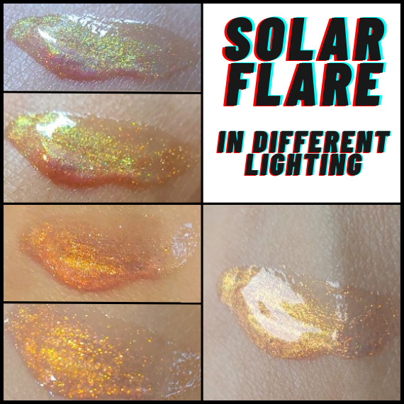 Solar Flare color shifting lip gloss swatches in different lighting
