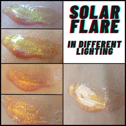 Solar Flare color shifting lip gloss swatches in different lighting